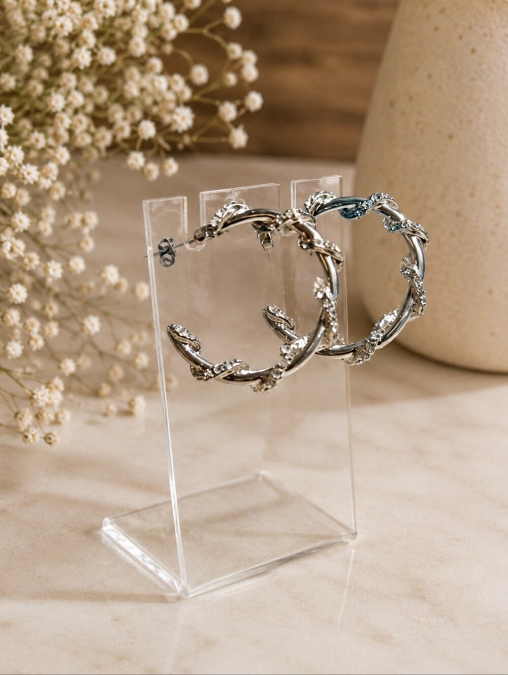 Silver Sparkly Rhinestone Hoop Earrings